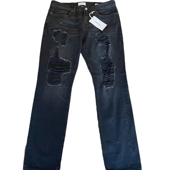 FRAME L’HOMME SLIM FIT MIDRISE BLACK NOIR SHRED JEANS‎ DISTRESSED SZ 33 NEW - Picture 2 of 10